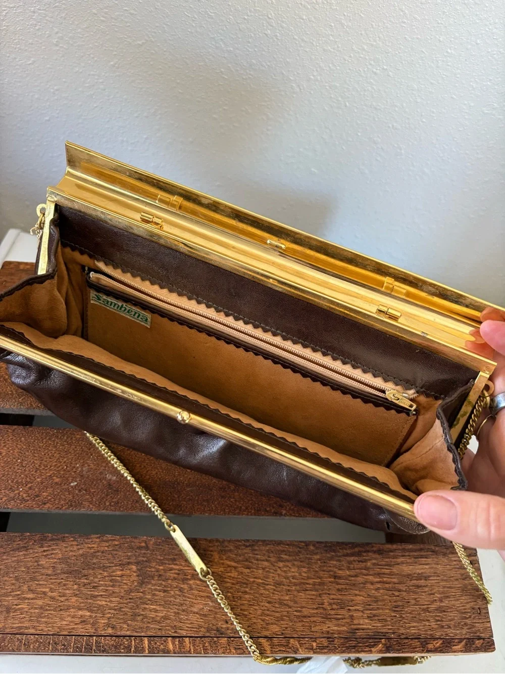 Vintage Sambena brown leather gold chain kiss lock clutch or shoulder bag